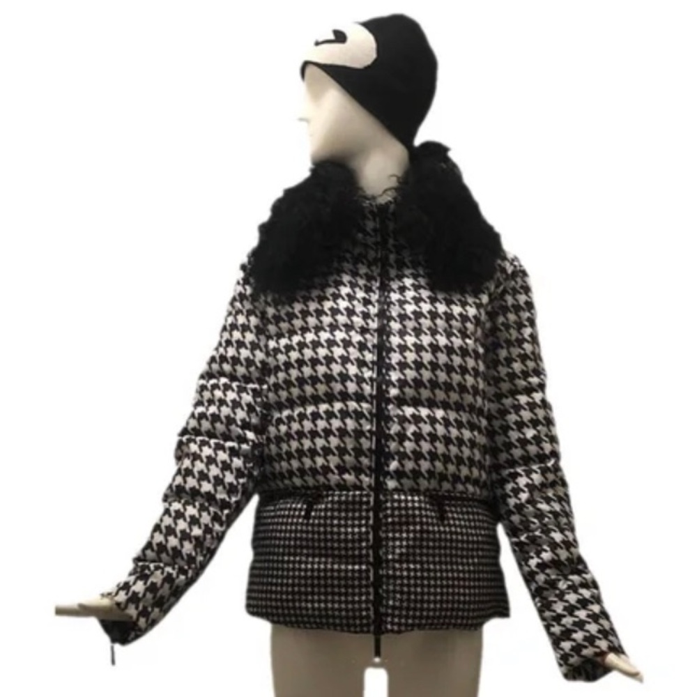 MICHAEL Michael Kors Black White Houndstooth Down Puffer Mongolian fur Jacket